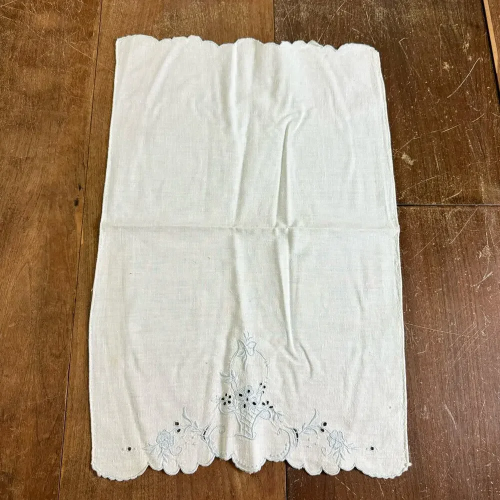 Vintage Blue hand embroidered basket design tea hand towel dainty cottagecore‎